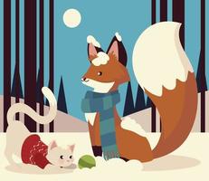 merry christmas fox and rabbit with scarf sweater and ball vector