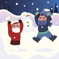 funny little girl and boy with warm clothes playing in the snow vector