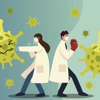 Covid 19 médicos de protección contra virus golpeando con máscaras y guantes vector