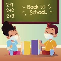 Back to school of girl and boy kid with medical masks and notebooks vector