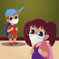 Back to school of girl and boy kid with medical masks and hat vector