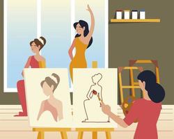 paint class art, woman student with brush painting a models canvas vector