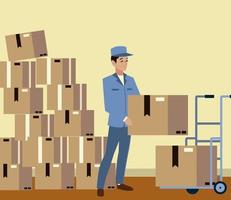 postal service postman with many boxes logistic delivery vector