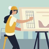 woman architect working on architecture project with drawing board vector