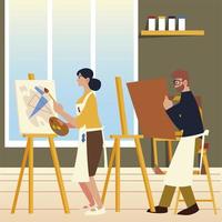 paint class art, man with canvas in hands and woman painting vector