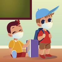 Back to school of boys with medical masks bag and notebook vector
