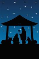 nativity scene manger in silhouette mary joseph ox and donkey vector