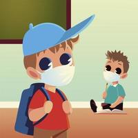 Back to school of boys with medical masks pencil and notebook vector