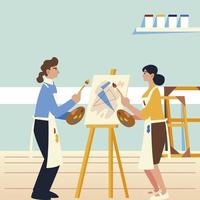 paint class art, man and woman students with apron vector