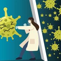 covid 19 virus protection and woman doctor hitting with mask vector