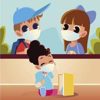 Regreso a la escuela de niñas y niños con máscaras médicas y cuaderno. vector