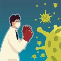 covid 19 virus protection and man doctor with mask and boxing gloves vector