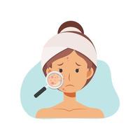 woman with magnifying glass is looking acne on her facial. vector