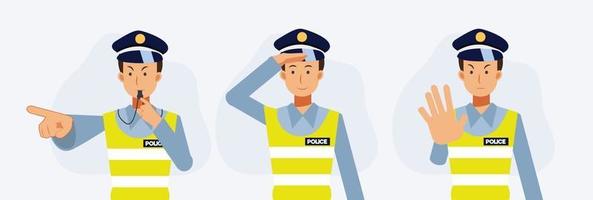Set of male Traffic police officer in different pose. vector