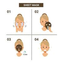 Sheet mask instructions, Woman using sheet mask step by step. vector