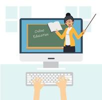 Female Teacher with book and pointing stick is teaching online. vector