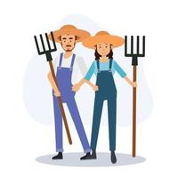Set of male and female farmer holding a rake. vector