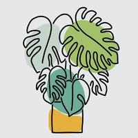 simplicidad planta monstera dibujo lineal continuo a mano alzada vector