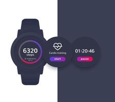 Smart watch with fitness app, tracker, timer, step counter, ui design vector