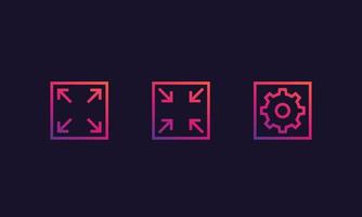 enlarge, reduce and settings icons, line vector