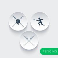 Fencing, fencer, crossed foils round icons vector