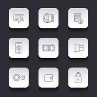 Payment methods, types linear icons on rounded square shapes, vector