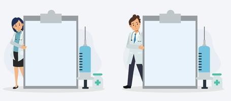 Doctors showing blank paper on clipboard. vector