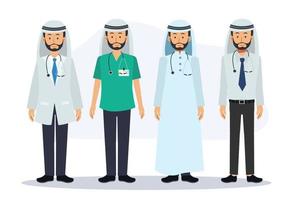 Set of male Arab doctor characters. Hospital worker and medical staff. vector