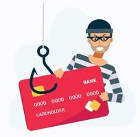 hacker ladrón robando tarjeta de crédito. concepto de ataque de piratas informáticos vector