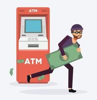 ladrón roba dinero del cajero automático, ladrón enmascarado. persona criminal. vector