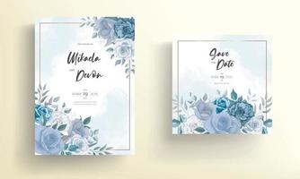 Modern wedding invitation card with blue flowers vector