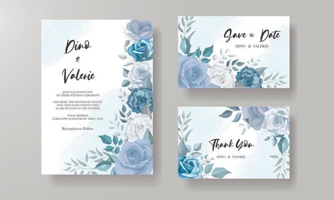 Modern wedding invitation card with blue flowers