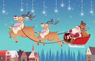 Santa Claus Riding in Sledge with the Reindeers vector