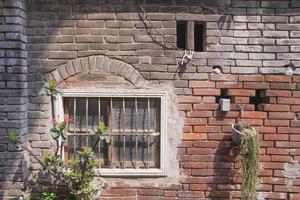 Old ruin brick plaster wall and rustic window nature plant pot photo
