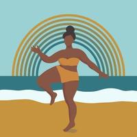 Abstract curvy female on the beach with rainbow in the background vector