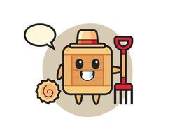 Personaje de mascota de caja de madera como agricultor. vector