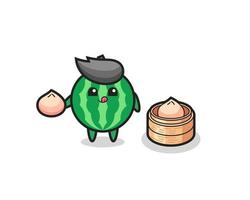 cute watermelon character eating steamed buns vector