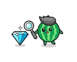 watermelon mascot is checking the authenticity of a diamond vector