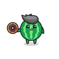 illustration of an watermelon character eating a doughnut vector