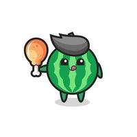 watermelon cute mascot is eating a fried chicken vector