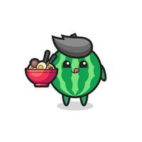 lindo personaje de sandía comiendo fideos vector