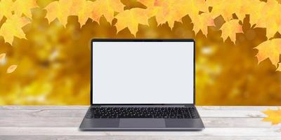 Mock-up Notebook on autumn background with orange maple leaves photo