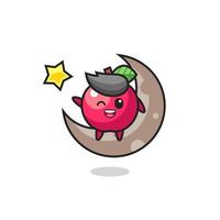 illustration of apple cartoon sitting on the half moon vector