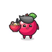 cute apple character eating noodles vector