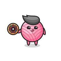 illustration of an yarn ball character eating a doughnut vector