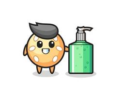 cute sesame ball cartoon with hand sanitizer vector