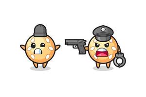 illustration of sesame ball robber with hands up pose caught by police vector