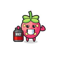 the muscular strawberry character is holding a protein supplement vector