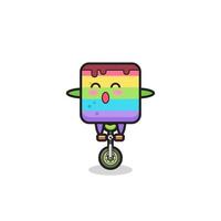 el lindo personaje de pastel de arco iris está montando una bicicleta de circo vector