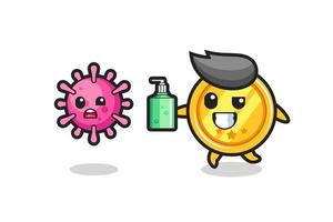 illustration of medal character chasing evil virus with hand sanitizer vector